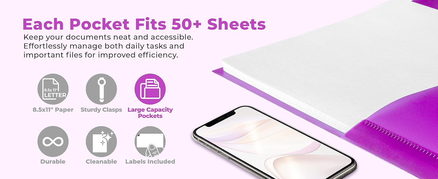 Dunwell 3-Hole Poly Folder Vibrant - Each Pocket Fits 50+ Sheets