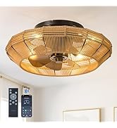 addlon 20" Boho Ceiling Fan with Light and Remote, Woven Caged Low Profile Bladeless Ceiling Fans...