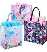 BLEWINDZ Large Gift Bags with Tissues – 3Pcs Mermaid Girls Kids Tote Reusable Gift Bags with Hand...