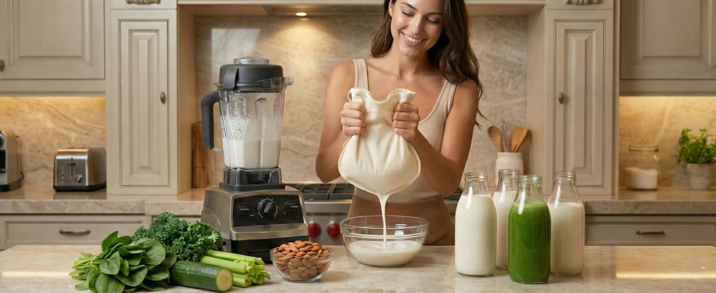 Girl using cotton nut milk bag by ellie's best to make almond milk