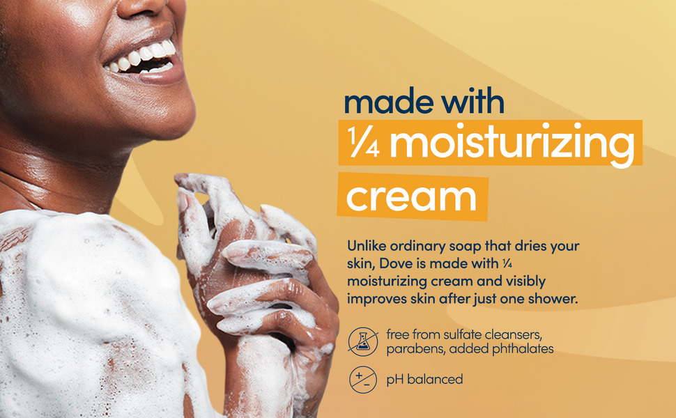 The title reads: made with 1/4 moisturizing cream. To the left is a close-up image of a light-skinne