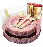 KIRE 210Pcs Clear Pink Plastic Plates with Gold Rim - Disposable Gold Silverware &Pink Cups&Hand ...
