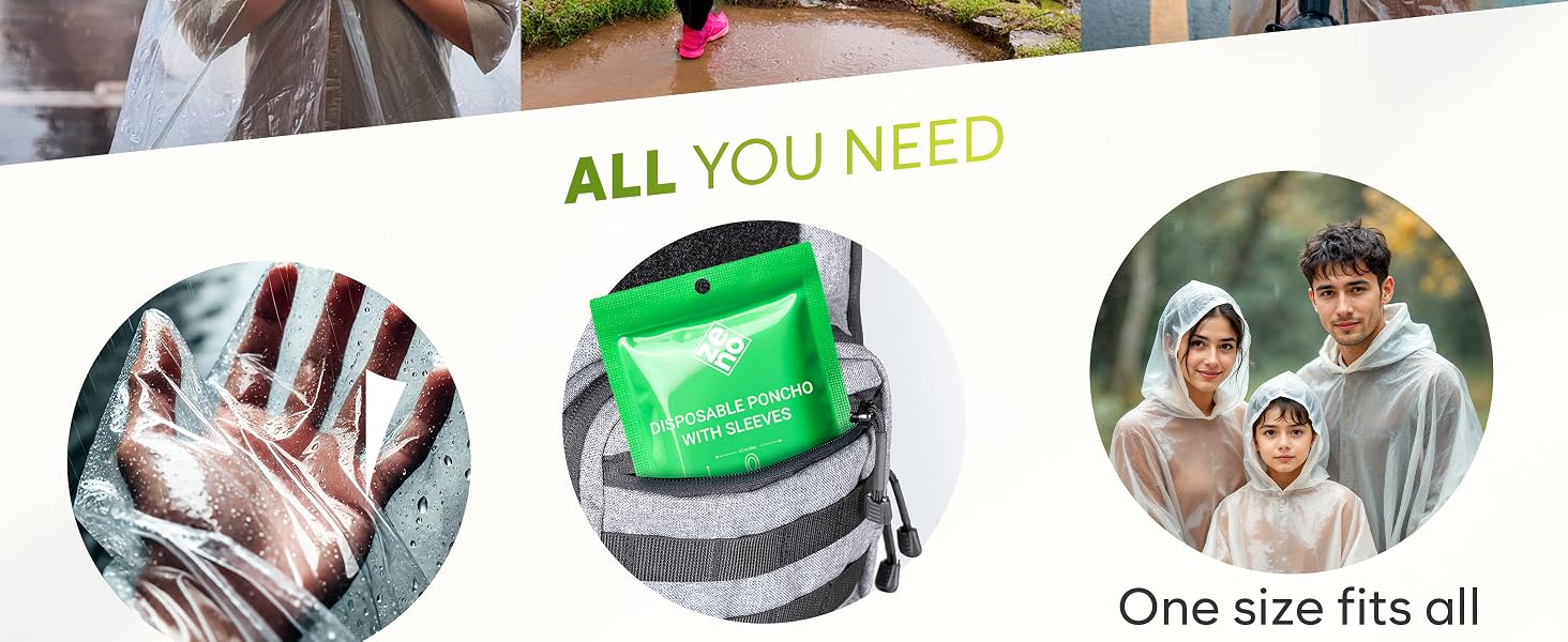 Disposable Rain Ponchos for Adults - Clear Ponchos with Sleeves, Hood, Compact, Clear, for Emergency