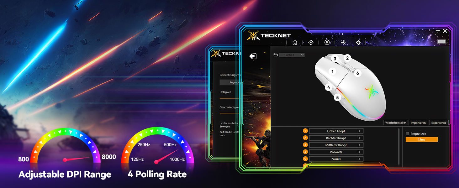 Gaming mouse with RGB lighting and software interface showing customization options. Features include adjustable DPI range and polling rate. Interface displays mouse shape and lighting zones.