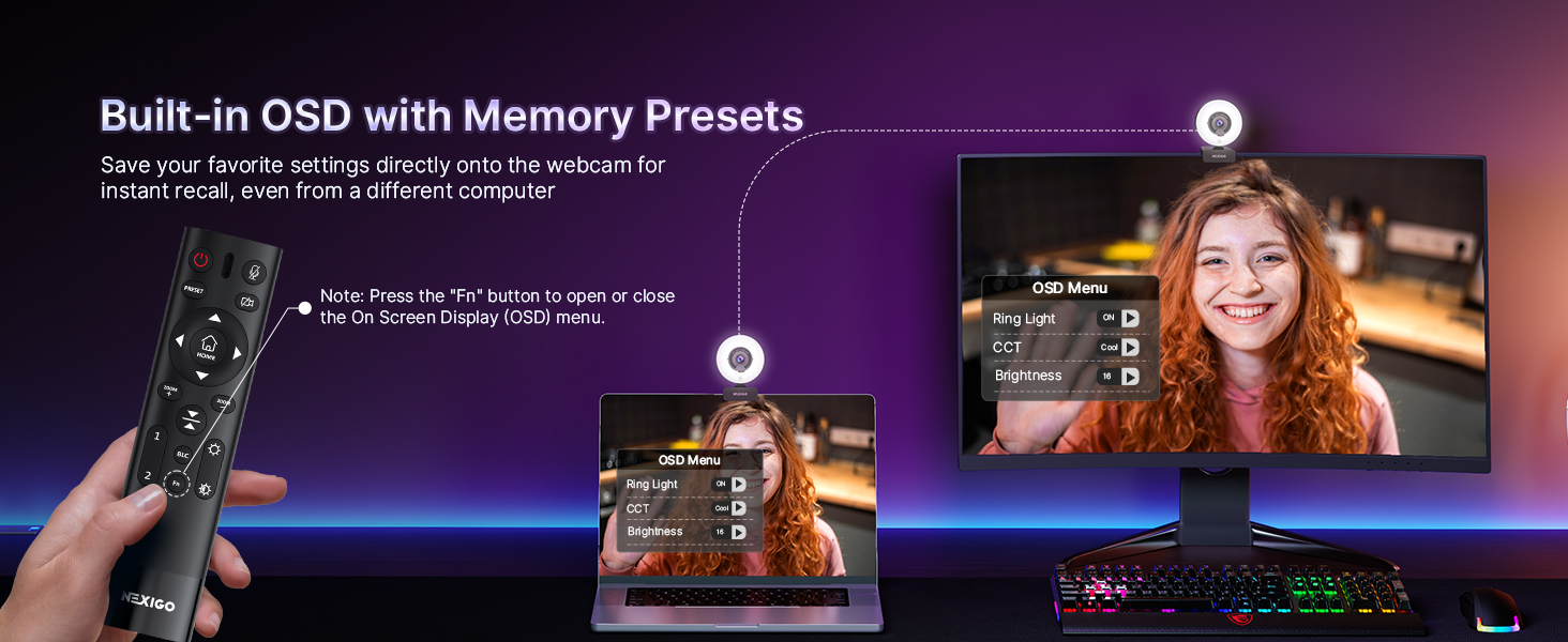 Remote opens OSD menu; settings saved & recalled across devices.