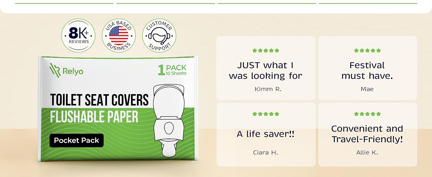 toilet seat covers, flushable paper, Relyo, travel essentials, USA made