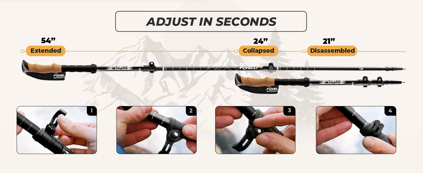 Foxelli flip-lock trekking poles adjust 24â??54 in; 21 in disassembled; secure no-slip clamp