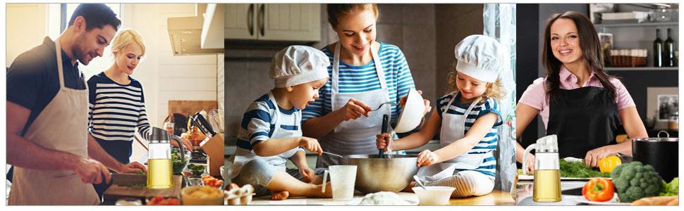 Composite image of people cooking in kitchens. Adults and children prepare food, mix ingredients in bowls, and use kitchen appliances. Fresh produce and cooking utensils visible on countertops.