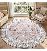 ULTSOFE 4ft Round Area Rug, 4x4 Pink Washable Circle Rugs for Living Room, Vintage Boho Floral No...