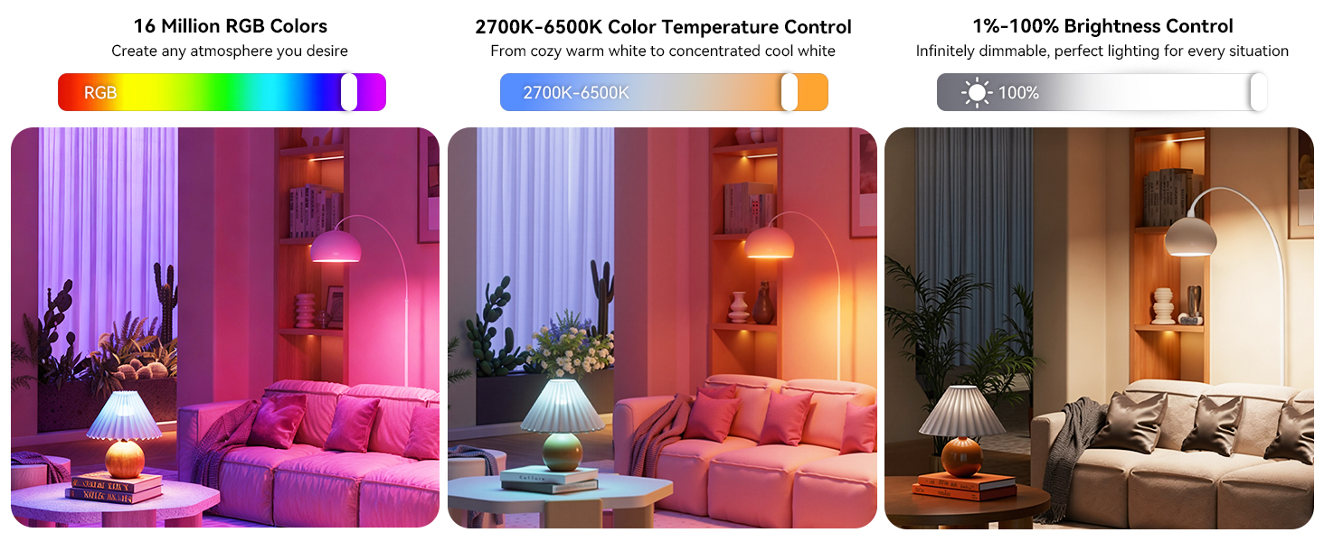 Smart light bulb with 16 million RGB color, 2700K-6500K tunable white light, and dimmable brightness