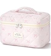 HBselect Quilted Makeup Bag, Portable Cotton Large Travel Makeup Bag, Cute Coquette Pink Floral C...