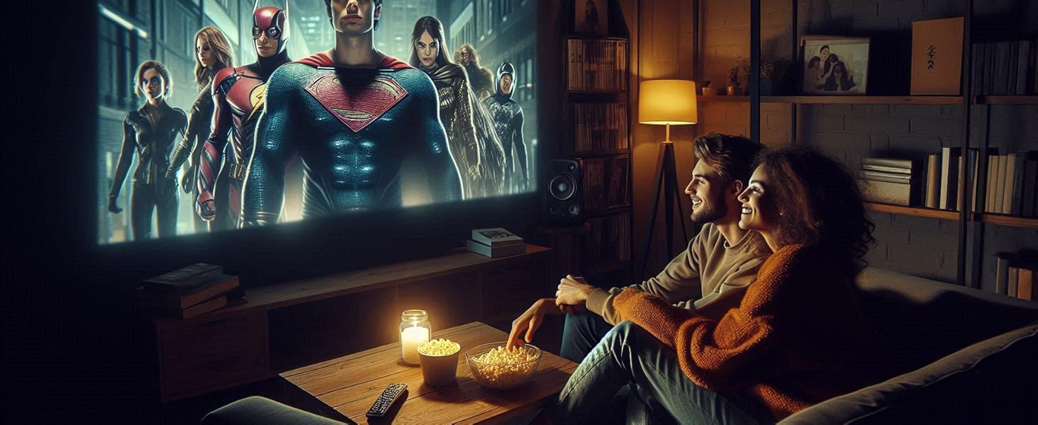Home theater setup showing superhero movie on large screen with ambient lighting. Two people watching from a comfortable couch in dimly lit room.