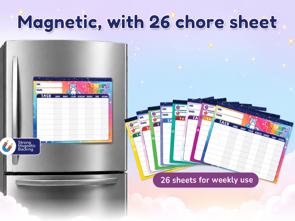 Magnetic reward chart pad with 26 reusable chore sheets for weekly tracking