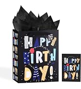 Powbrace 13" Kids’ Birthday Gift Bag Set (Black, 1PCS) with Card & Tissue Paper, Medium Size for ...