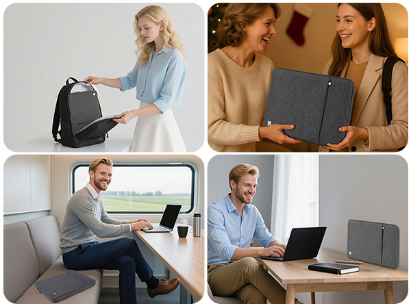 Collage of people using what appears to be a laptop sleeve or case in various settings - on couch, at desk, and during travel.