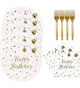 KFJBPB 48PCS Happy Birthday Plates and Napkins Party Supplies, White and Gold Disposable Paper Pl...