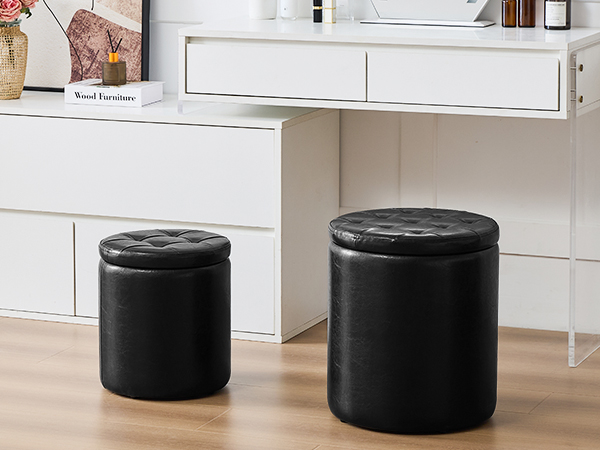 oakvivo Round Ottoman Foot Stool with Storage Set of 2, Storage Ottoman, Faux Leather Footstool