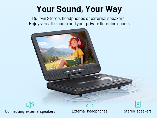 portable dvd player With dual speakers and audio jack for headphones or speakers.