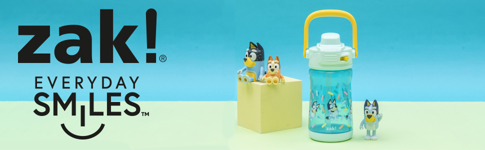 Bluey plastic water bottle for kids with Bluey toys and zak! everyday smiles logo