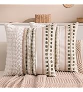 KOOLIFE Boho Chenille Tufted Couch Throw Pillow Covers 18x18 Inch Set of 2 Farmhouse Striped Deco...