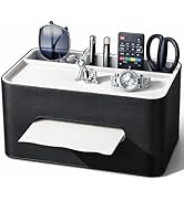 PU Leather Tissue Box Cover Rectangular with Storage Organizer Tray, Multifunctional Remote Contr...