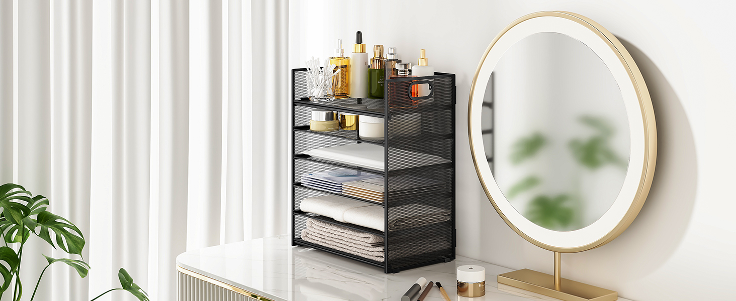 makeup prodcuts stored in the desk organizer