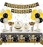 205pcs Black Gold Graduation Party Decorations 2024, Graduation Party Supplies Graduation Table D...
