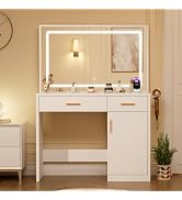 DUMOS Makeup Vanity Desk with Mirror and Adjustable LED Lights, White | Vanity Makeup Table with ...