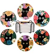 6Pcs Black Cat Coasters with Holder, Cute Floral Cat Ceramic Drink Coaster for Kinds of Cups Coff...