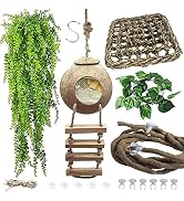 MUYG Lizard Coco Den with Ladder,Leopard Gecko Coconut Husk Hut Hideout Home Reptile Hammock Clim...