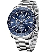 Men's chronograph watch with blue dial, stainless steel bracelet, and rotating bezel. Features multiple subdials and date window at 4 o'clock position.