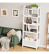 Bamjoy Bamboo White Bookshelf with Slatted Basket, Ladder Bookcase with 4 Display Shelves and 1 O...