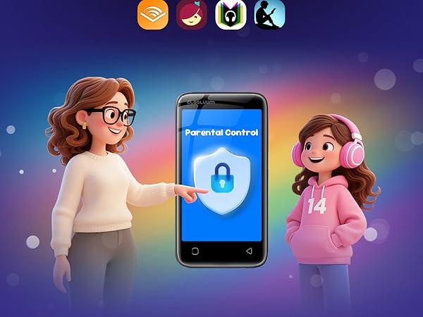 Parent setting parental controls on the kids’ MP3 player to keep listening safe.