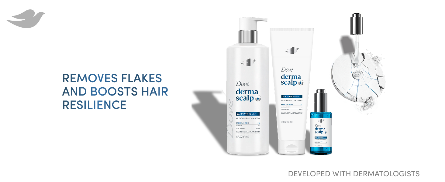 Dove DermaScalp full system (shampoo, conditioner & serum), dropper over dry surface next to text.