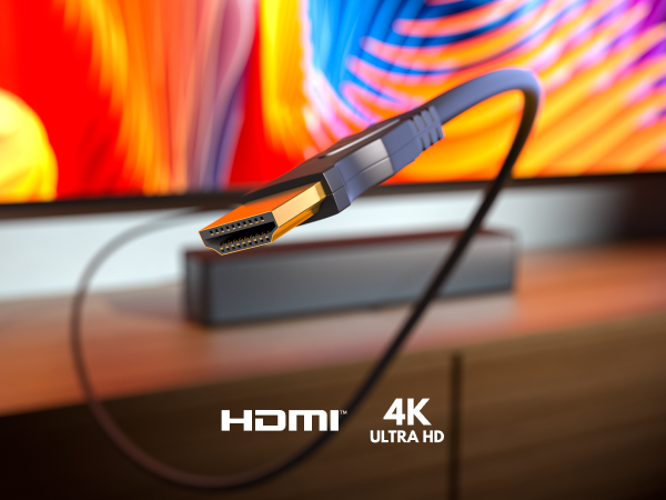Text reads 'HDMI 4K ULTRA HD'. Close-up of HDMI cable connector against colorful blurred background with red and blue swirls