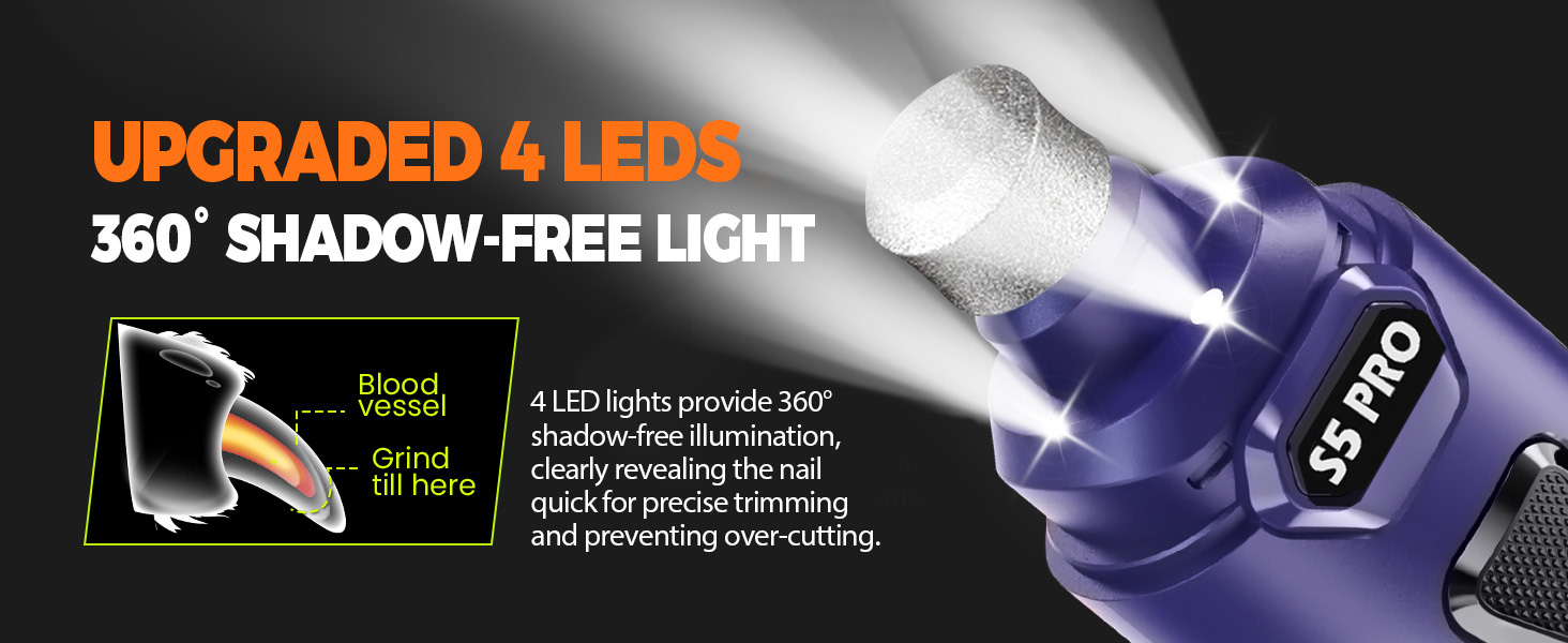 dog nail grinder with upgare 4leds shadow-free light