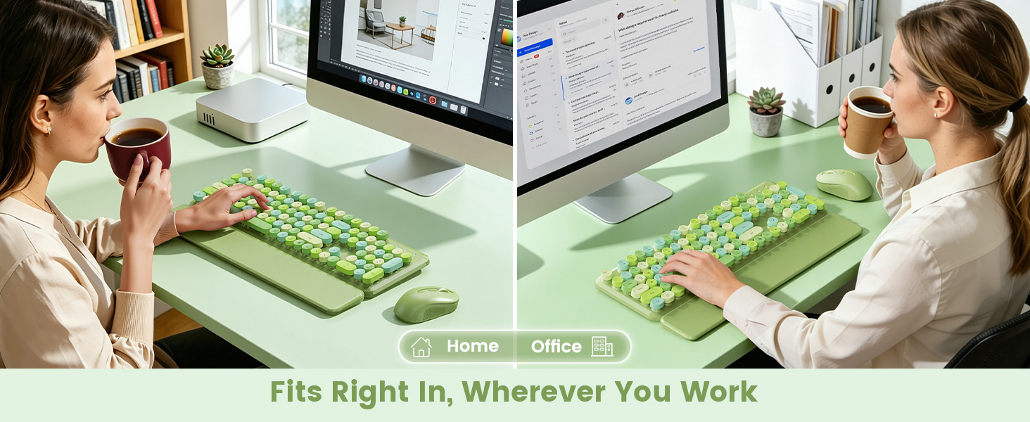 Green Multi-Color retro keyboard and mouse with wrist rest for home or office.