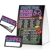 EQIUAG What's Your Gamer Name, Funny Game Night Decorations Cards Set,1 Game Sign and 30 Cards Ga...