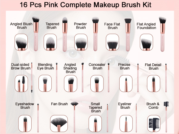 Real Perfection Makeup Brush Set 16 Pcs with 1 Eyebrow Razor Pink Makeup Brushes Make up Brushes