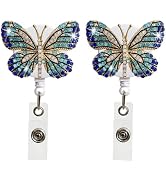 2Pcs Butterfly Rhinestones Retractable Badge Reel,Bling Diamond Badge Holder Reels with Swivel Al...