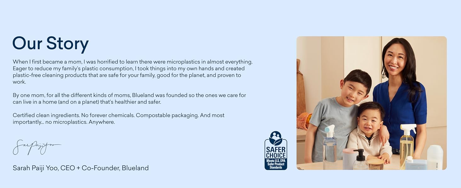 Brand Story with image of founder and children surrounded by Blueland products