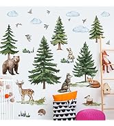 Removable 3D Cartoon Green Pine Forest Tree Wall Stickers - Peel & Stick Wildlife Animals Wall De...