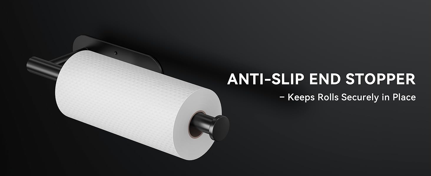 Black paper towel holder with end stopper to prevent paper roll from sliding off