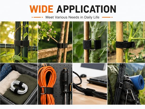 Multi-scene collage of hook and loop straps for garden plant support and cable management
