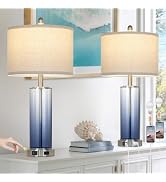 26" Coastal Blue Glass Table Lamps Set of 2, 3-Way Dimmable Touch Control Bedside Lamp with USB C...