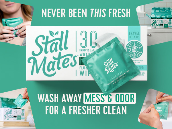 Stall Mates, individual wet wipes. Wash away mess and odor for a fresher clean.