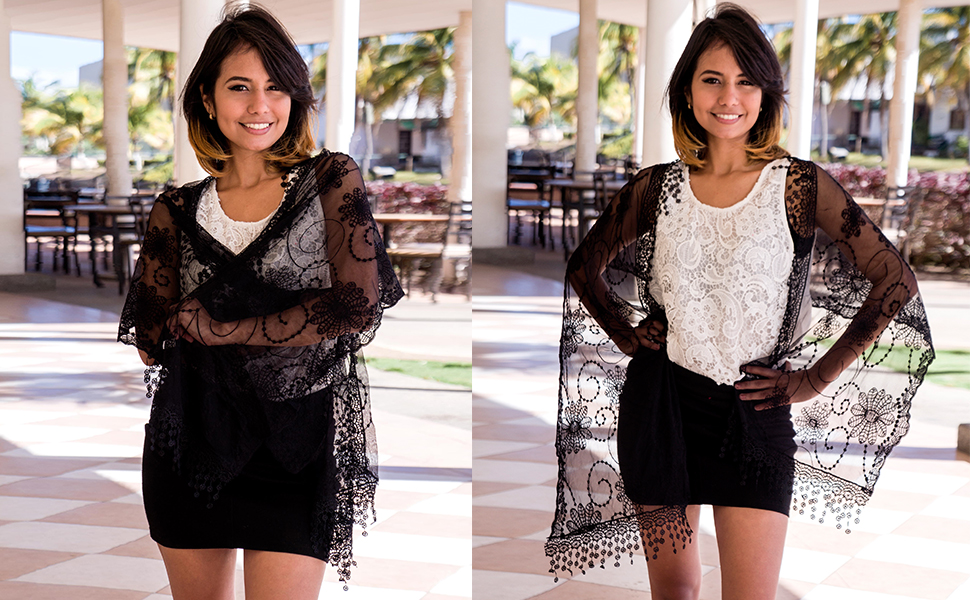 Women's Lightweight Fashion Lace Floral Scarf Shawl Wrap with Tassel