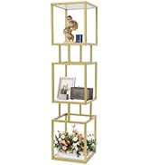 Peakora 3-Tier Narrow Bookcase, 11.8"x11.8"x50" Gold Bookshelf, Cube Storage Shelf with Wooden Sh...
