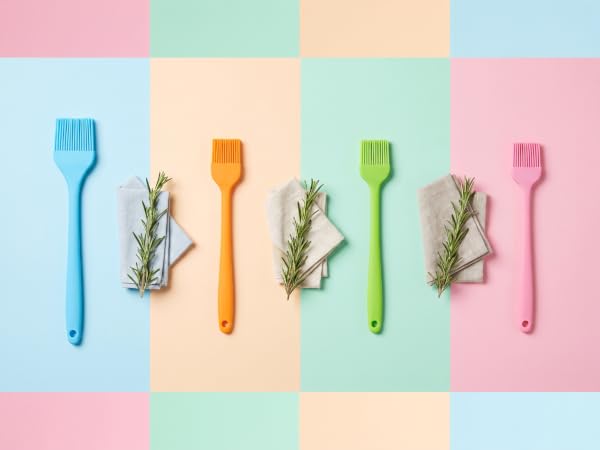 Four piece silicone basting brush set in blue orange green pink on matching pastel backgrounds