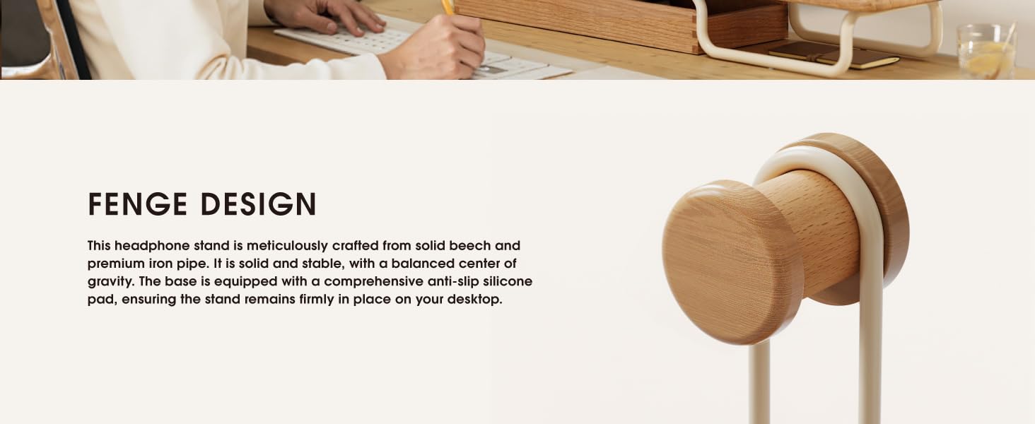Text reads 'FENGE DESIGN'. Wooden desk organization products shown with descriptive text about product features.